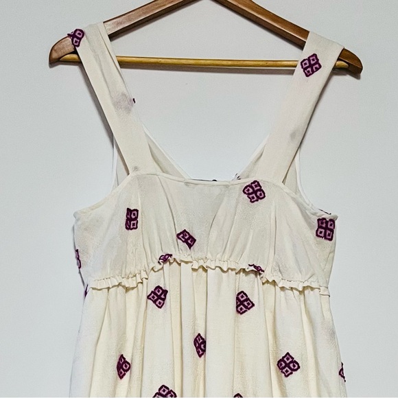 Zara Rustic Dress Womens Large Embroidered Midi Cottagecore Ivory Purple Boho - Picture 5 of 15